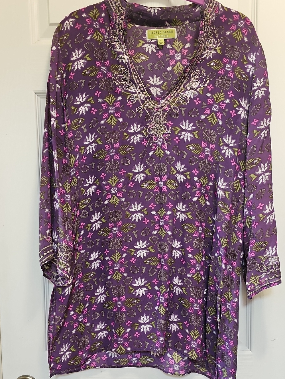 Sigrid Olsen Purple Floral Embroidered V-Neck Tunic